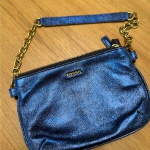 FOSSIL Metallic Blue with gold Chain Handle purse evening or fun bag clutch